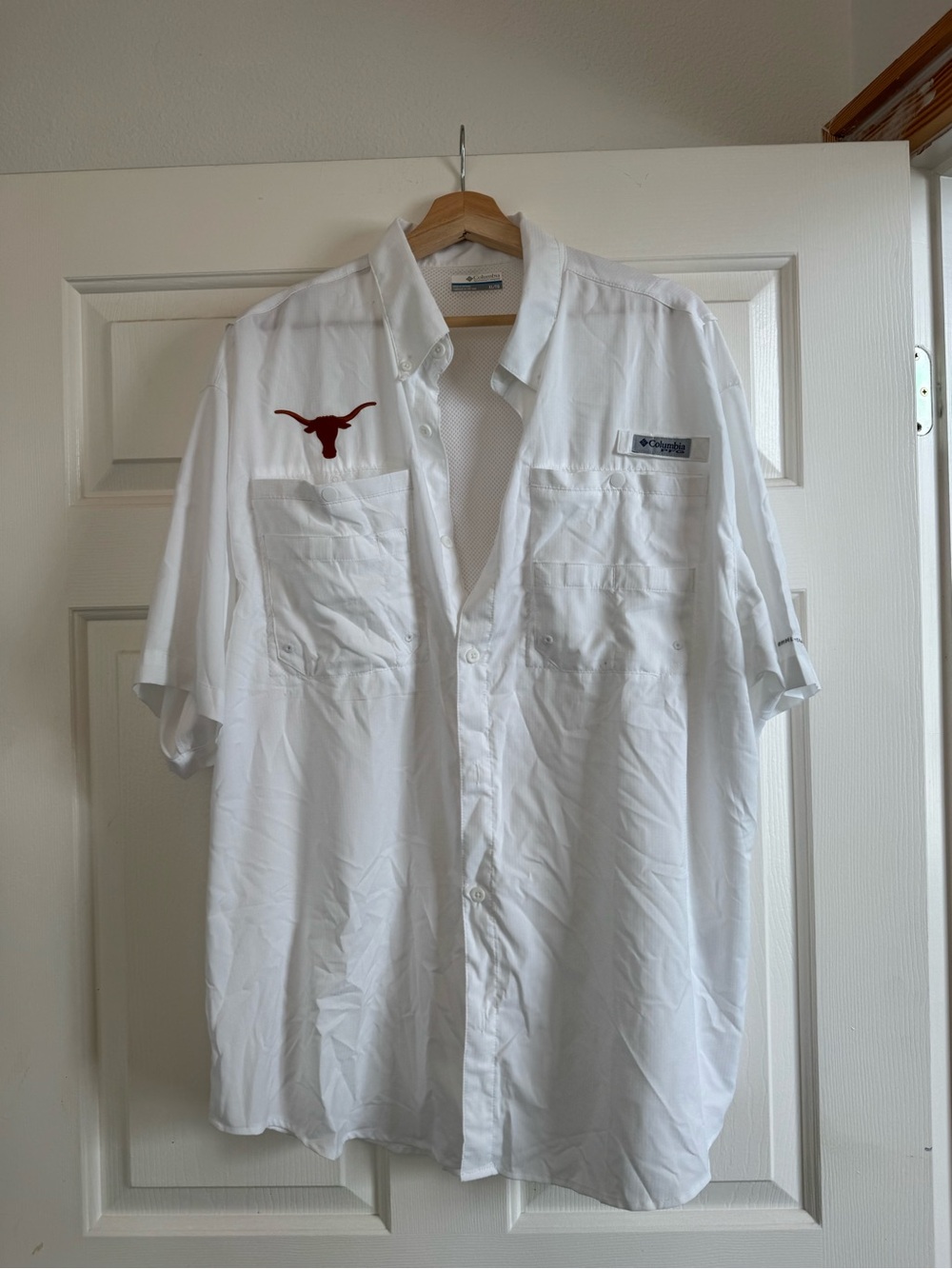 Columbia White Short-Sleeve Button-Down Shirt with Burnt Orange Longhorn Logo